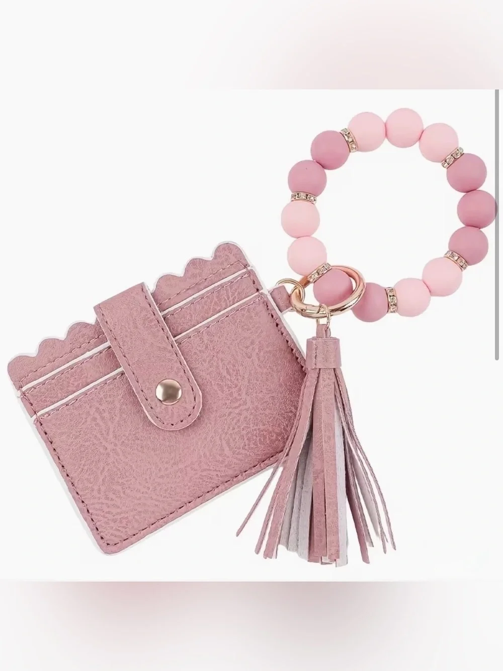 Blush Pink Silicone Beaded Tassel Wristlet Cardholder Keyring - New
